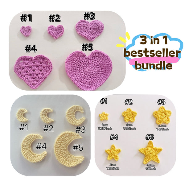 Crochet heart, star, moon digital pattern bundle