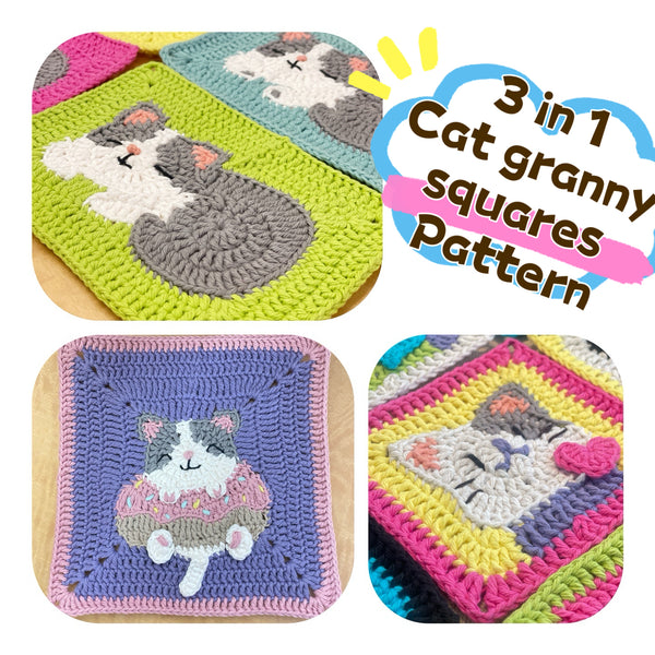 crochet cat granny square digital pattern 3 in 1