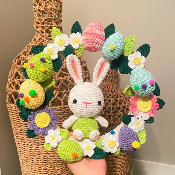 Crochet Easter Wreath with bunny and flowers oration pattern